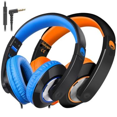 Imagem de rockpapa Comfort+ Fones de ouvido infantis com microfone, meninos e meninas, estudantes, fones de ouvido com fio para sala de aula, laptop, computador, tablet, preto/azul + preto/laranja