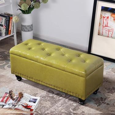 Imagem de Mesa de centro com armazenamento, banco acolchoado para os pés para sala de estar, quarto, banco de armazenamento retangular com pernas de madeira, armazenamento de couro sintético tufado, verde