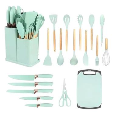 Imagem de Kit Completo 19 Peças Utensílios De Cozinha Com Cabo De Madeira E Silicone – Cabos de Madeira, Concha, Espátula, Colher, Suporte, Faca Antiaderente, Tábua, Tesoura e Faqueiro