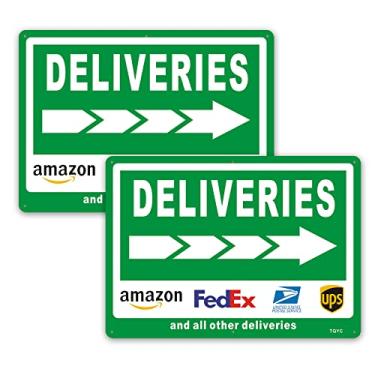 Imagem de TQYC Entrega com seta para a direita, instruções de entrega para placa FedEx Amazon UPS USPS DHL, pacote com 2, placa de alumínio livre de ferrugem de 35,5 x 25,4 cm, proteção UV e à prova de