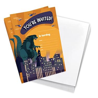 Imagem de Coastal Palm Cartões de convite de feliz aniversário Godzilla (10 unidades) com envelopes meninos meninas festa infantil (design 10ct 1)