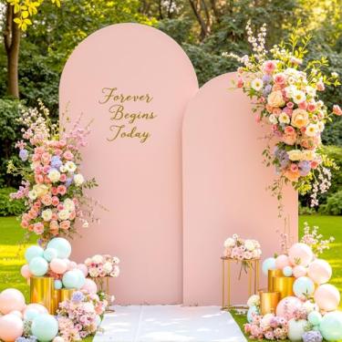 Imagem de Conjunto de 2 capas de arco rosa com arco rosa empoeirado de 7,2 e 1,8 m, capa de arco de casamento, pano de fundo elástico, para chá de bebê, festa de aniversário, arcos de elastano