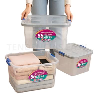 Imagem de Caixa Organizadora Transparente Plástica 56L com Tampa e Trava - Multiuso para Roupas, Brinquedos, Cozinha e Documentos