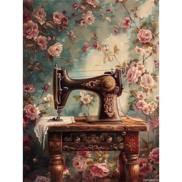Imagem de TUTUMAY21 Kits de pintura de diamante 5D, máquina de costura de flores vintage, tela de diamante completo, artesanato de pintura de pedras preciosas, para decoração de quarto, decoração de banheiro