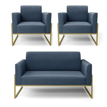 Imagem de Sofá Namoradeira Com 2 Poltronas Base Industrial Alta Dourado Marisa Suede Azul Marinho D03 - D\'rossi