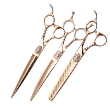 Imagem de SnipStar Professional Pet Grooming Tesouras Conjunto VG10 7,5 polegadas retas de corte tesouras, 7,25 polegadas curvas de corte tesouras e 7 polegadas de afinamento 50 dentes, taxa de afinamento 30%