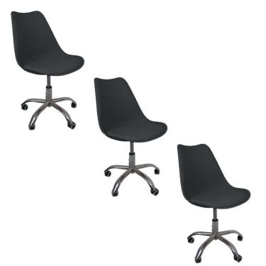 Imagem de Kit 3 Cadeiras Office Base Cromada Com Rodizio Giratória Saarinen Preto