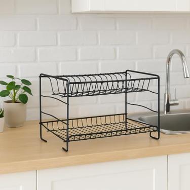 Imagem de Escorredor de Louças 2 Andares, Organizador e Secador de Pratos e Copos para Pia, Suporte em Metal para Cozinha (Preto)