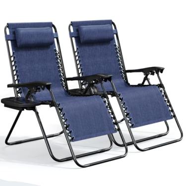 Imagem de Nestl Conjunto de 2 cadeiras de gravidade zero, espreguiçadeira de pátio ao ar livre com travesseiros e bandejas de suporte de copo, cadeira de acampamento reclinável de malha de aço ajustável