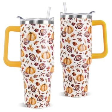 Imagem de Nqhsionv Copo de outono com alça 1,134 g Caneca de viagem de café de futebol de abóbora de aço inoxidável copos isolados de outono presentes de decoração de Dia das Bruxas Ação de Graças