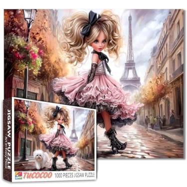 Imagem de Tucocoo Quebra-cabeça Paris menina e cachorro fofo para adultos 1000 peças, quebra-cabeça artístico com Torre Eiffel, quebra-cabeça romântico de cena de rua de Paris, presente desafiador e decorativo