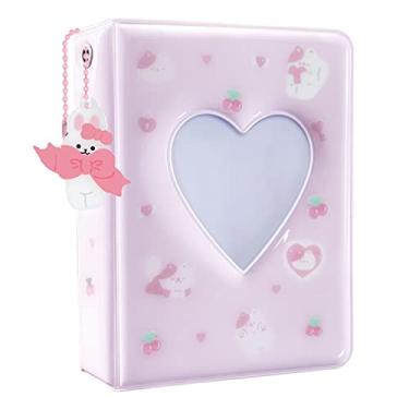Imagem de Pasta de cartão de foto Kpop de 7,6 cm, mini álbum de fotos, fichário portátil Kpop, álbum de cartões com pingente adorável para coleção de cartões de fotos, 40 bolsos (rosa)