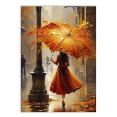 Imagem de Placa Decorativa Mulher Guarda Chuva Laranja Ilustração Decoração Poster Quarto Sala