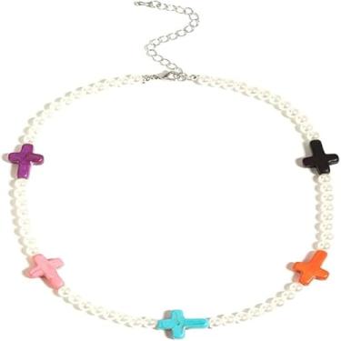 Imagem de LittleFathand Colar feminino com cruz de pedra natural, boêmio, turquesa, miçangas, colar delicado com pingente de cruz pequena, presente de Natal, Zinco, Sem Pedra Preciosa