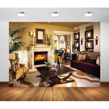 Imagem de BELECO Pano de fundo de sala de estar de luxo de 3 x 2,4 m, lareira interior de casa moderna com lareira acesa, sofá aconchegante, fundo de vila, para videoconferência, reuniões de zoom, escritório