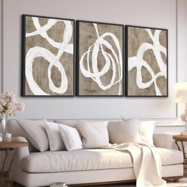 Imagem de Decoração de arte de parede Boho emoldurada - Impressões abstratas de pintura de linha marrom e branca 50,8 x 71,1 cm Conjunto de 3 imagens geométricas modernas arte em tela minimalista para sala de