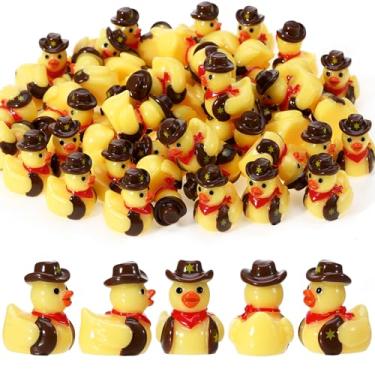 Imagem de GGSTDDUP 50 peças de mini patos de cowboy de resina, estatueta de patos ocidentais em miniatura, pato amarelo minúsculo com chapéu de caubói, mini figuras para esconder para decoração faça você mesmo