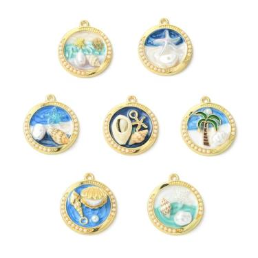 Imagem de UR URLIFEHALL 14 peças, 7 estilos, pingentes esmaltados com tema oceano, imitação de pérola, estrela-do-mar, pingentes redondos planos para fazer você mesmo, pulseira, colar, brinco, bijuteria