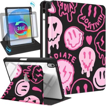 Imagem de Uppuppy Capa para iPad 10ª geração 10,9 polegadas capa fólio com suporte para lápis mulheres meninas fofas meninas kawaii adolescentes design bonito sorriso moda estética suporte giratório para Apple iPad 10 Gen Cases 2022