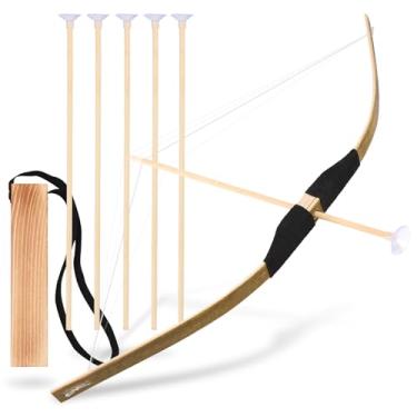 Imagem de Conjunto de arco e flecha infantil, conjunto de arco e flecha de 61 cm feito à mão de madeira para crianças, meninos, meninas - perfeito para aniversários, Natal, Halloween, cosplay