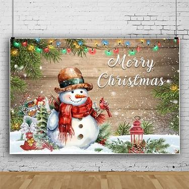 Imagem de Boneco de neve de 2,4 x 1,8 m Feliz Natal Pano de fundo de madeira rústica, árvores de Natal, luz colorida, candyland para fundo de fotografia, Natal, férias, cabine fotográfica, retrato, faixa de festa, decoração, véspera de Natal, decoração de férias em família