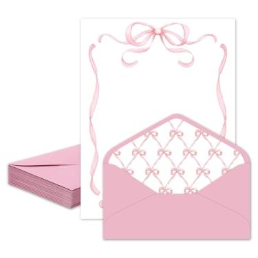 Imagem de Whaline Conjunto de 30 peças de papel de papelaria com laço rosa, papel de escrita com laço e envelope para aniversário, chá de bebê, convite de festa, impressão de escritório, 21 x 28 cm