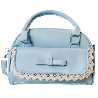 Imagem de Bolsa tiracolo Tristan Home Chic estilo vintage, azul claro, couro sintético, acabamento em renda e laço guingão