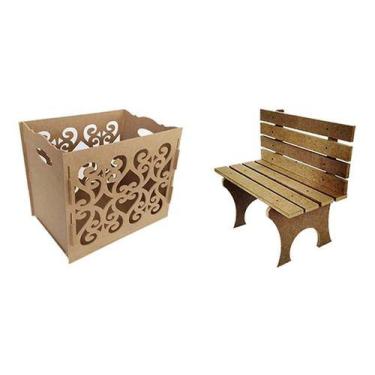 Imagem de Kit 1 Banco Praça Mdf Cru Festa Cenário + Caixa Presente - Lúdica Arte