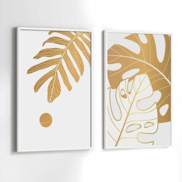 Imagem de Conjunto Quadros Decorativos com Moldura Folhas Douradas Plantas Flore