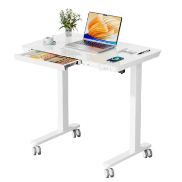 Imagem de JYLH JOYSEEKER Mesa de vidro pequena com gaveta, mesa de suporte elétrica de 80 cm x 50 cm, mesa com altura ajustável com armazenamento e portas USB, mesa de computador de escritório doméstico de