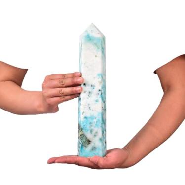 Imagem de JIC Gem Obelisco natural de pinheiro fênix grande quartzo varinha de cristal torre ponto 6 coluna facetada crisocola cristal cura varinha Reiki decoração 1,8-2 kg