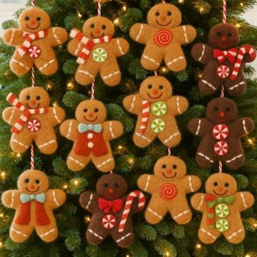 Imagem de Mindsoft 12 peças de decorações de Natal, enfeites de feltro de gengibre, mini enfeite de pão de gengibre para árvore de Natal, feito à mão, feltro de lã, enfeite para pendurar, decoração interna de