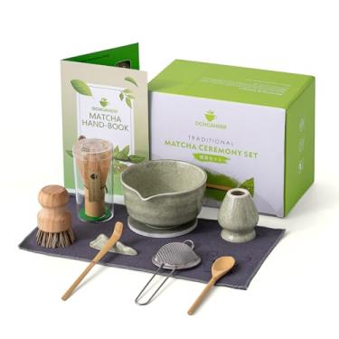 Imagem de Ochcahser Conjunto Japonês, Tigela Matcha com Bico e Porta-Copo, Batedor e Suporte, Peneira, Colher, Escova de Limpeza - Kit Completo de Cerâmica 10 Peças