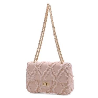 Imagem de Milisente Bolsa de ombro feminina pequena bolsa jeans acolchoada com corrente e bolsas de mão ou transversal para festa formal à noite, Rosa claro, Small