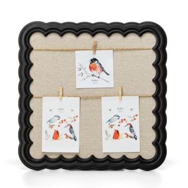 Imagem de ibalux Quadro de imagem de linho, moldura de colagem de borda ondulada preta de madeira maciça, 39,9 cm x 39,9 cm, exibição de fotos em vários tamanhos com clipes e corda de juta, decoração de cozinha