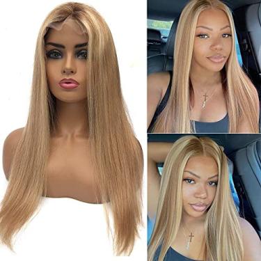 Imagem de Smavida Peruca de cabelo humano loiro frontal de renda, 33 x 10 cm transparente ombré balayage marrom a alvejante loiro pré-arrancado linha do cabelo com cabelo de bebê sem cola HD peruca frontal de