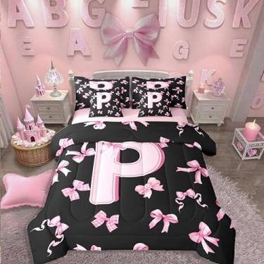 Imagem de Conjunto de cama casal com laço com inicial de 7 peças, lençol com laço rosa fofo em uma bolsa com letra P, moderno, moderno, moderno, conjunto de edredom com lençol feminino coquete rosa e laço