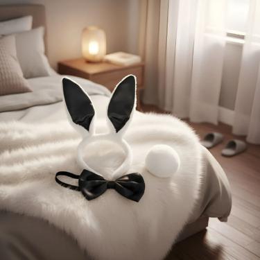 Imagem de Tiara Orelha De Coelho C/ Gravata Preta E Rabinho - Kit C/ 3 Pçs Fantasia Coelhinho