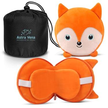 Imagem de Conjunto de máscara de dormir e travesseiro de viagem infantil - Design de personagem fofo 2 em 1 para descanso infantil, cochilos e relaxamento. Conforto macio com capa de bolsa, perfeito para voos