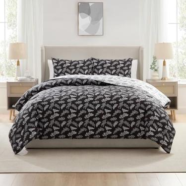 Imagem de Nestl Conjunto de edredom Queen preto em uma bolsa, 3 peças, reversível, conjunto de cama floral macio, edredom botânico para todas as estações com fronhas