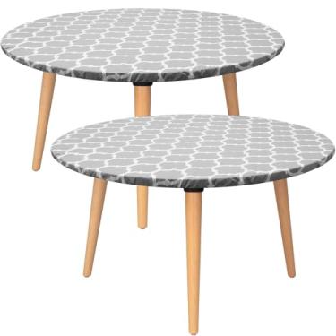 Imagem de 2 panos de mesa redondos de algodão com agulha, toalhas de mesa elásticas à prova d'água para mesas de 114 a 142 cm, capa de mesa redonda elástica à prova de óleo para acampamento, jantar, uso em
