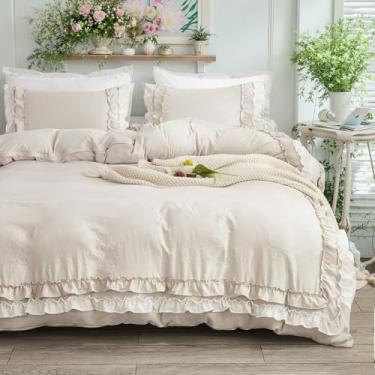 Imagem de Bedorm Conjunto de edredom Queen com babados, bege, boêmio, com franjas brancas, babados, decoração de quarto romântico, chique, casa de fazenda, edredom