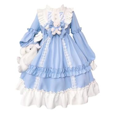 Imagem de XXFBJNMD Vestido de princesa de chiffon de manga comprida com laço de urso doce de renda fofo vestido de princesa anime festa estilo conto de fadas (azul inclui sacola)