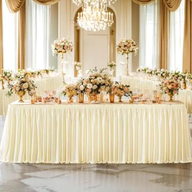 Imagem de Wish Care Saia de mesa champanhe com brilho de 6,4 m de comprimento para mesas retangulares, saias de mesa sem rugas, toalha de mesa plissada com babados para casamento, aniversário, chá de panela
