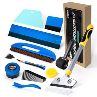 Imagem de FOSHIO Kit de papel de parede, ferramenta de pontuação de papel de parede, raspador de lâmina de barbear, rolo de costura, pincel de papel de parede, rodo de feltro, cortador de papel e conjunto de