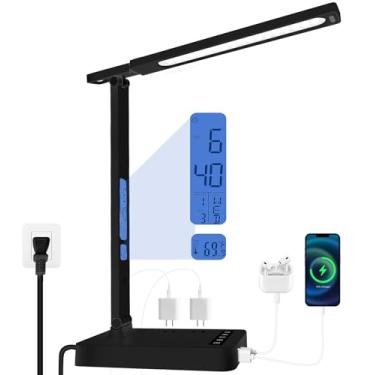 Imagem de Lâmpada de mesa inteligente com visor de temperatura, estação de carregamento 4 em 1 (tomadas tipo C/USB-A/2 tomadas), 5 modos de cor e 5 níveis de brilho, despertador, iluminação ocular para