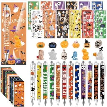 Imagem de Ioffersuper Conjunto de 144 canetas esferográficas de Halloween, retráteis, canetas de tinta gel, resina, abóbora, fantasma, aranha, caveira, com cartões para escritório, escola, casa, presentes de