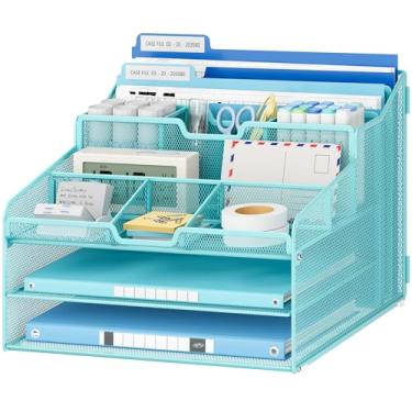 Imagem de Lavatino Organizador de arquivos de papel de mesa – malha de metal com 2 bandejas de letras, 7 divisórias flexíveis, 2 suportes de pasta de arquivo verticais para escritório/casa/material de sala de