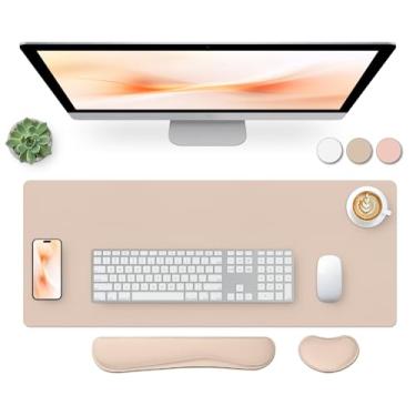 Imagem de Bloss Almofada de mesa de couro e descanso de pulso para teclado, mouse pad grande + teclado + suporte de pulso para mouse, protetor de mesa antiderrapante para escritório, casa (70 cm x 35 cm, bege)