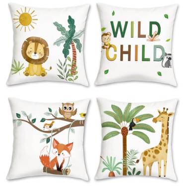 Imagem de COZZSNUGE Capas de almofada de animais infantis, girafa de raposa leão, fronhas decorativas aveludadas para sofá-cama, berçário, quarto infantil, conjunto de 4, 45 x 45 cm